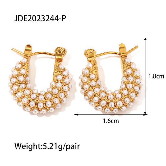 French Style New Fashionable Hoop Earrings - 18K Gold Plated Stainless Steel Green/White Square Zircon Jewelry