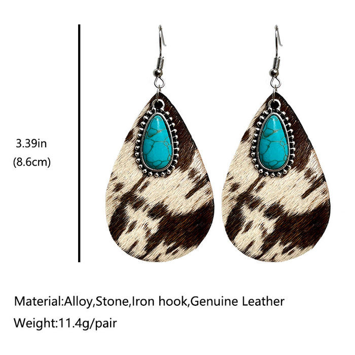 Western Animal Print Cowhide Teardrop Earrings with Turquoise and Metal Accents