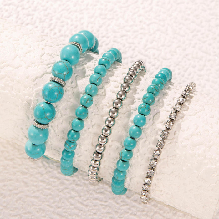 Bohemian Turquoise Beaded Layered Bracelet Set - Luxury Rhinestone Chain Jewelry