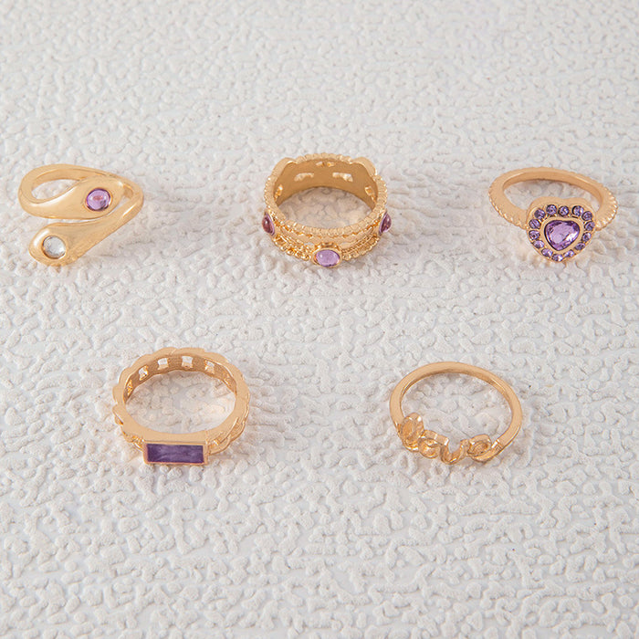 Purple Heart Letter Gemstone Ring Set - 5pcs Exaggerated Snake Rings