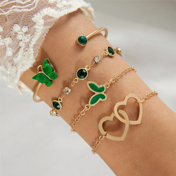 Fashion Rhinestone Butterfly Cuff Bracelet with Classic Heart Bracelet - Four-Piece Set