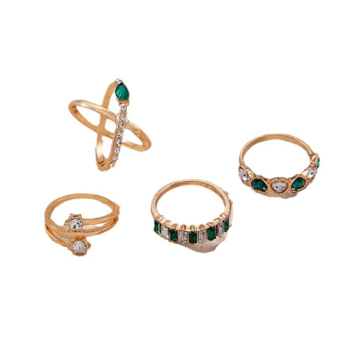 Simple Luxury Geometric Heart Ring Set - Faux Gemstone Rhinestone Four-Piece Set