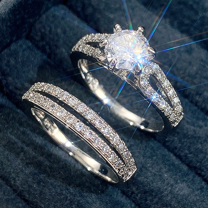 Conjunto de dos piezas de anillo de nicho de lujo popular y de gran venta con diamantes y circonitas redondas