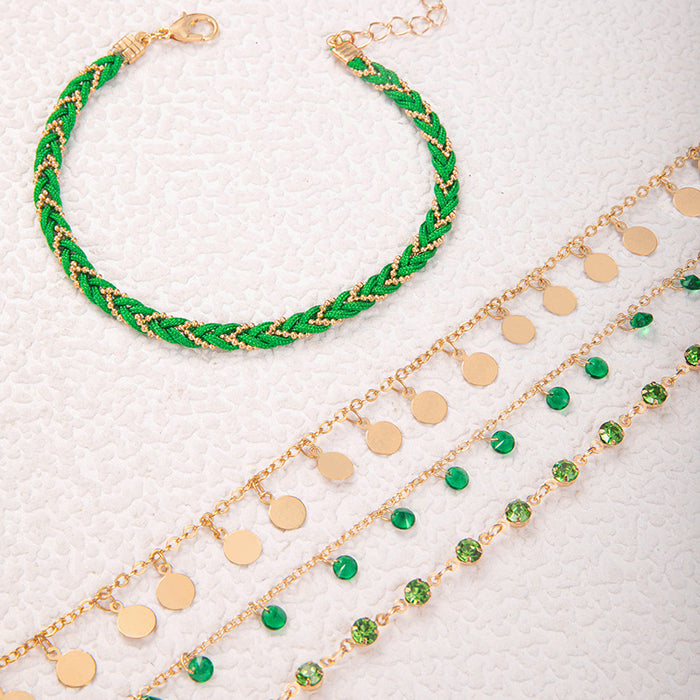 Woven Rope Green Tassel Anklet Set - Multilayer Rhinestone Jewelry