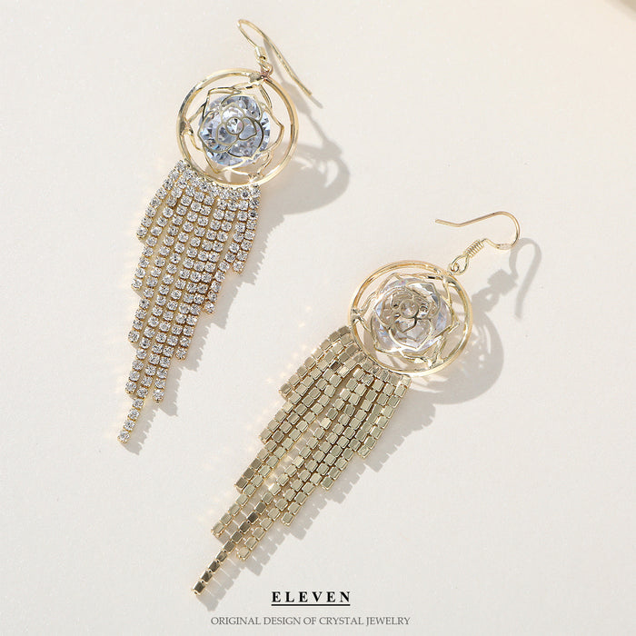 Asymmetrical Rhinestone Tassel Earrings - Exaggerated Long Dangles for a Bold Look