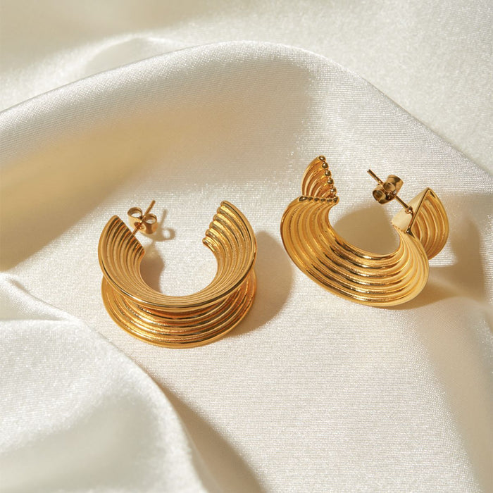 18K Gold Stainless Steel Striped C-Shaped Earrings - INS Style Trendy Line Design Jewelry