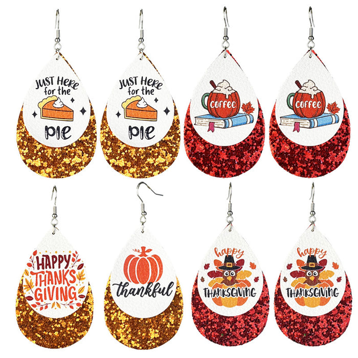 Double Layer Leather Glitter Earrings with Pumpkin Pie and Coffee Design