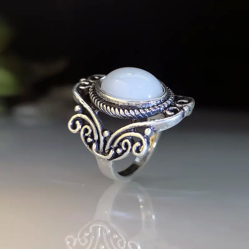 Ring with geometric hollow carvings inlaid with imitation moonstone - wallojewerly 