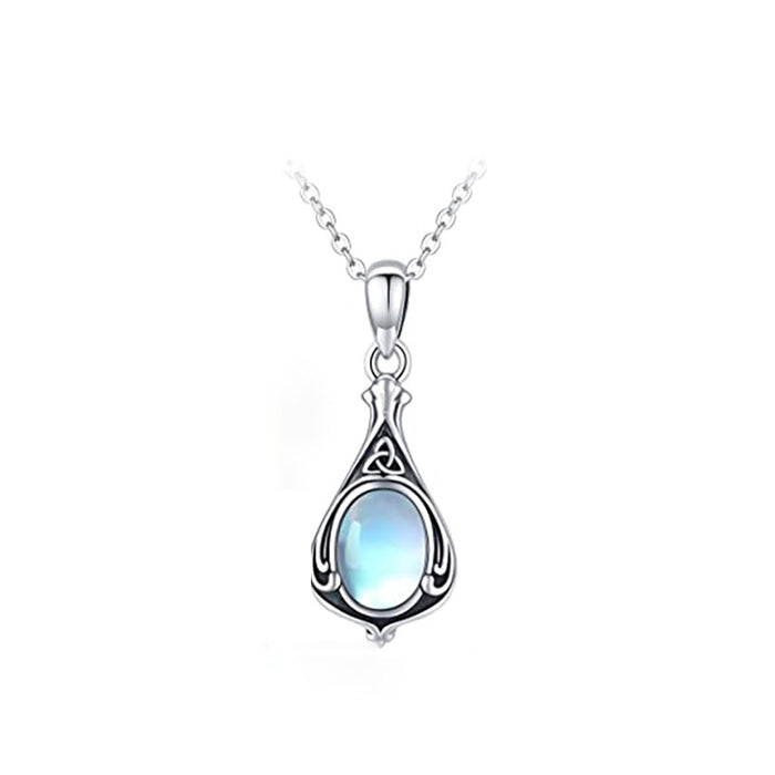 Imitation moonstone vine necklace, teardrop-shaped antique silver pendant