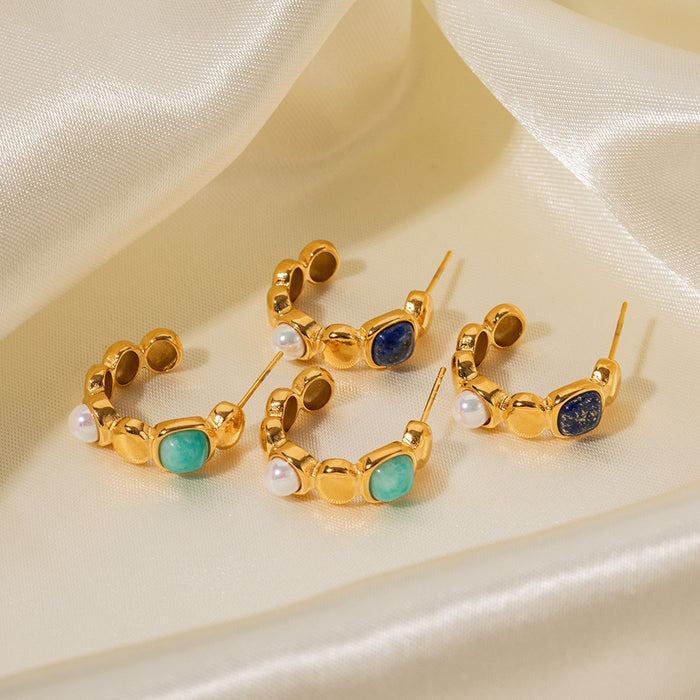 18K Gold Plated Stainless Steel C-Shape Earrings with Lapis Lazuli, Amazonite, and Pearl Pendants - Fashion Jewelry