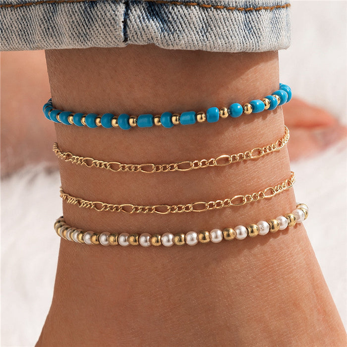 Bohemian Blue Bead Anklet Four-Piece Set with Ethnic Chain Anklet