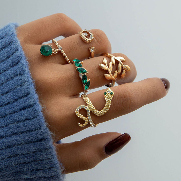 Snake and Eye Ring Set - Retro Faux Emerald Rhinestone Set for Women