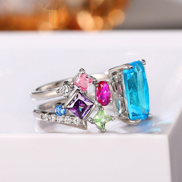 Geometric zircon ring for women, exaggerated design, colorful open ring