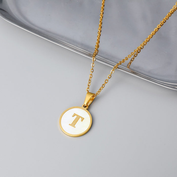 Round shell letter necklace, 18K stainless steel clavicle chain wholesale