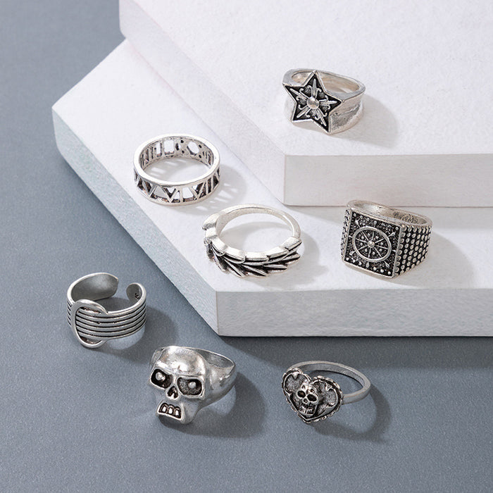 Punk style skull pentagram heart Halloween seven-piece ring