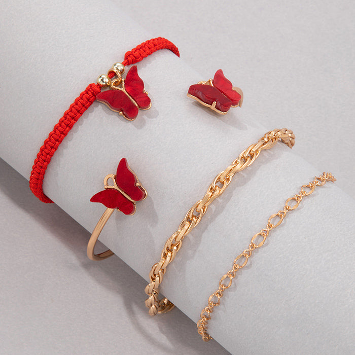 Red Rope Butterfly Bracelet Set - Four-Piece Chain Jewelry for Women