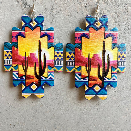 Aztec Sunflower PU Leather Earrings with Western Cowboy Style