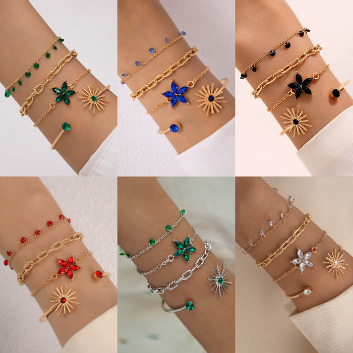 Crystal Flower and Leaf Bracelet Set - Multi-Layer Luxury Jewelry