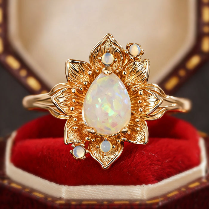 Women's teardrop micro-inlaid imitation opal sunflower ring