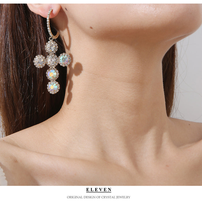 Exaggerated Cross Hoop Earrings - Colorful Rhinestone Jewelry for Women