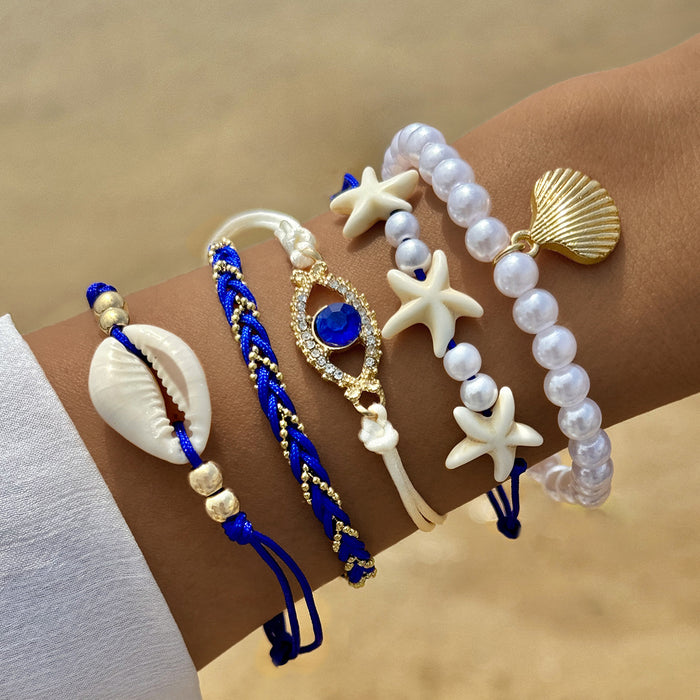 Shell and Evil Eye Bracelet Set - Five-Piece Summer Pearl Jewelry