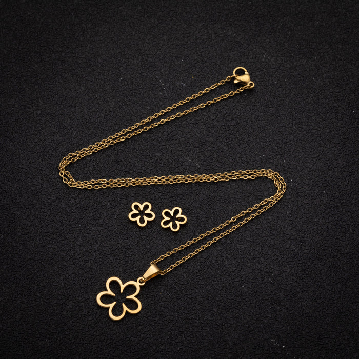 Hollow flower earrings and necklace two-piece set, 18K gold electroplating Japanese and Korean niche jewelry wholesale