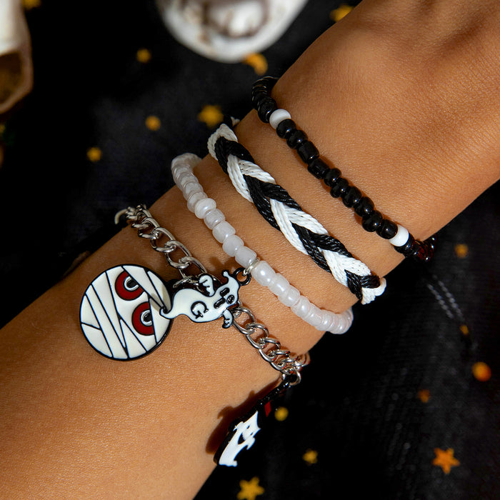 Halloween Devil and Ghost Beaded Bracelet Set - Four-Piece Beaded Jewelry with Enamel Accents