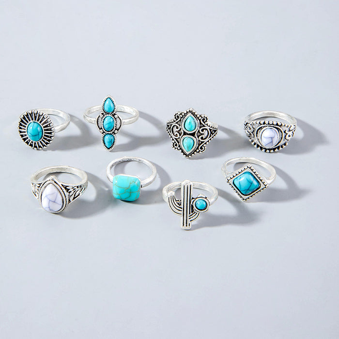 Vintage Turquoise Cactus Ring Set - 8pcs Ethnic Style Open Rings