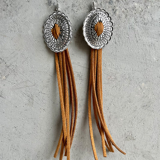 Western Cowboy Long Leather Tassel Earrings with Vintage Style