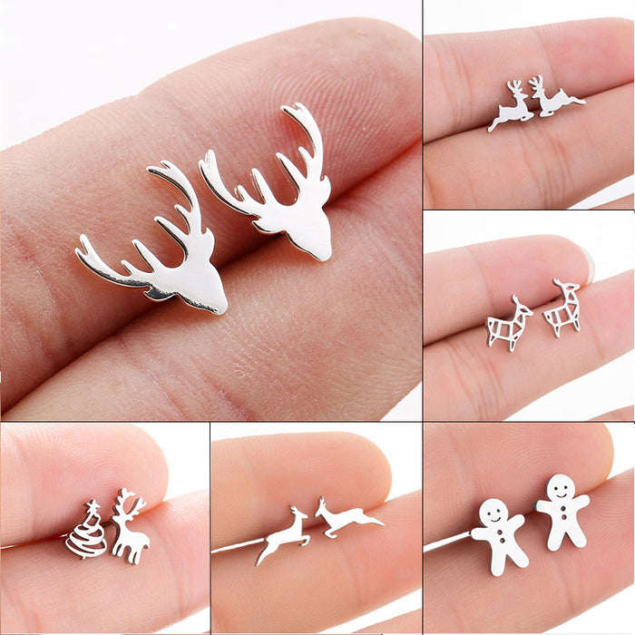 Reindeer and Snowflake Stainless Steel Stud Earrings - Cute Christmas Jewelry