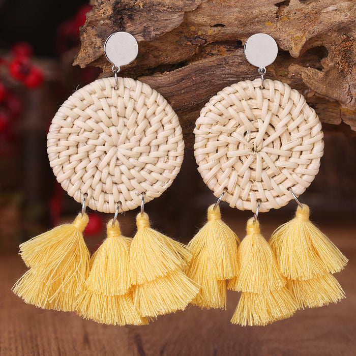 Bohemian Woven Round Multi-Layer Tassel Earrings with Rustic Wedding Design