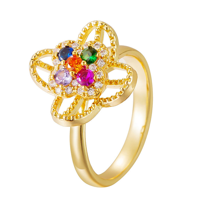 Wholesale copper micro-set colored zircon four-leaf clover flower rotating open ring