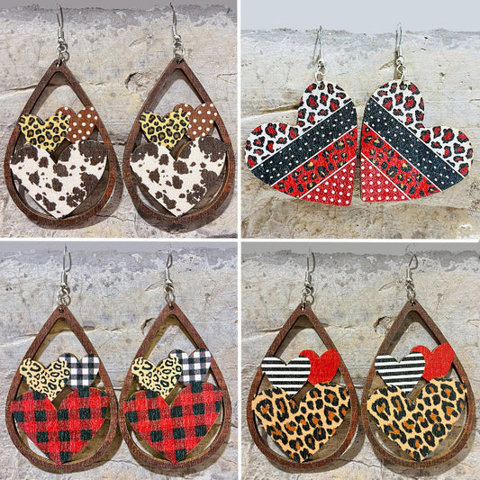 Wooden love leopard print earrings