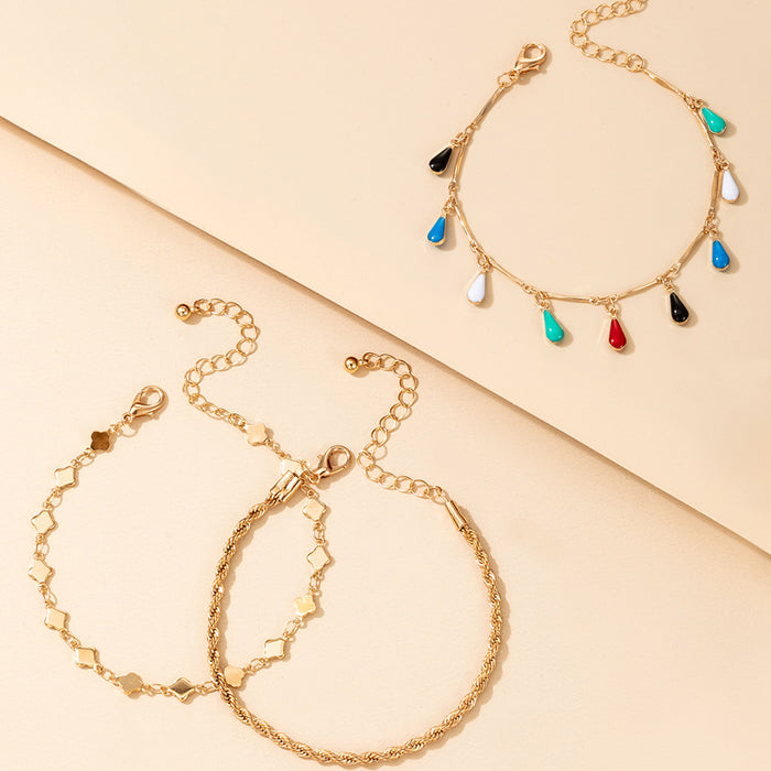 Bohemian Water Drop Anklet with Simple Chain Enamel Macaron Color Three-Piece Set