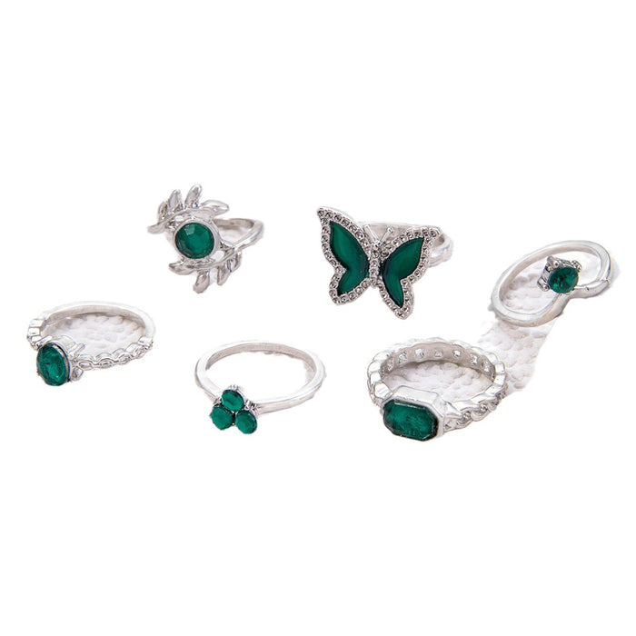 Butterfly Gemstone Ring Set - 6pcs Versatile Leaf Teardrop Rings