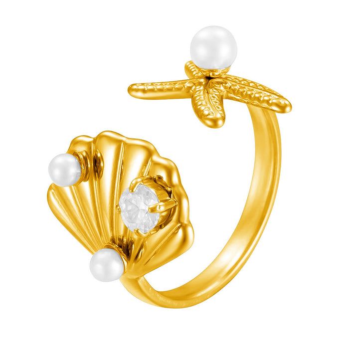 Wholesale stainless steel 18K gold scallop rings set with white beads