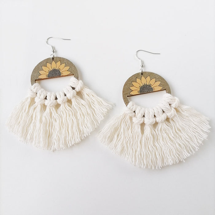 Bohemian Handwoven Cotton Tassel Earrings with Wooden Sunflower Fan Design