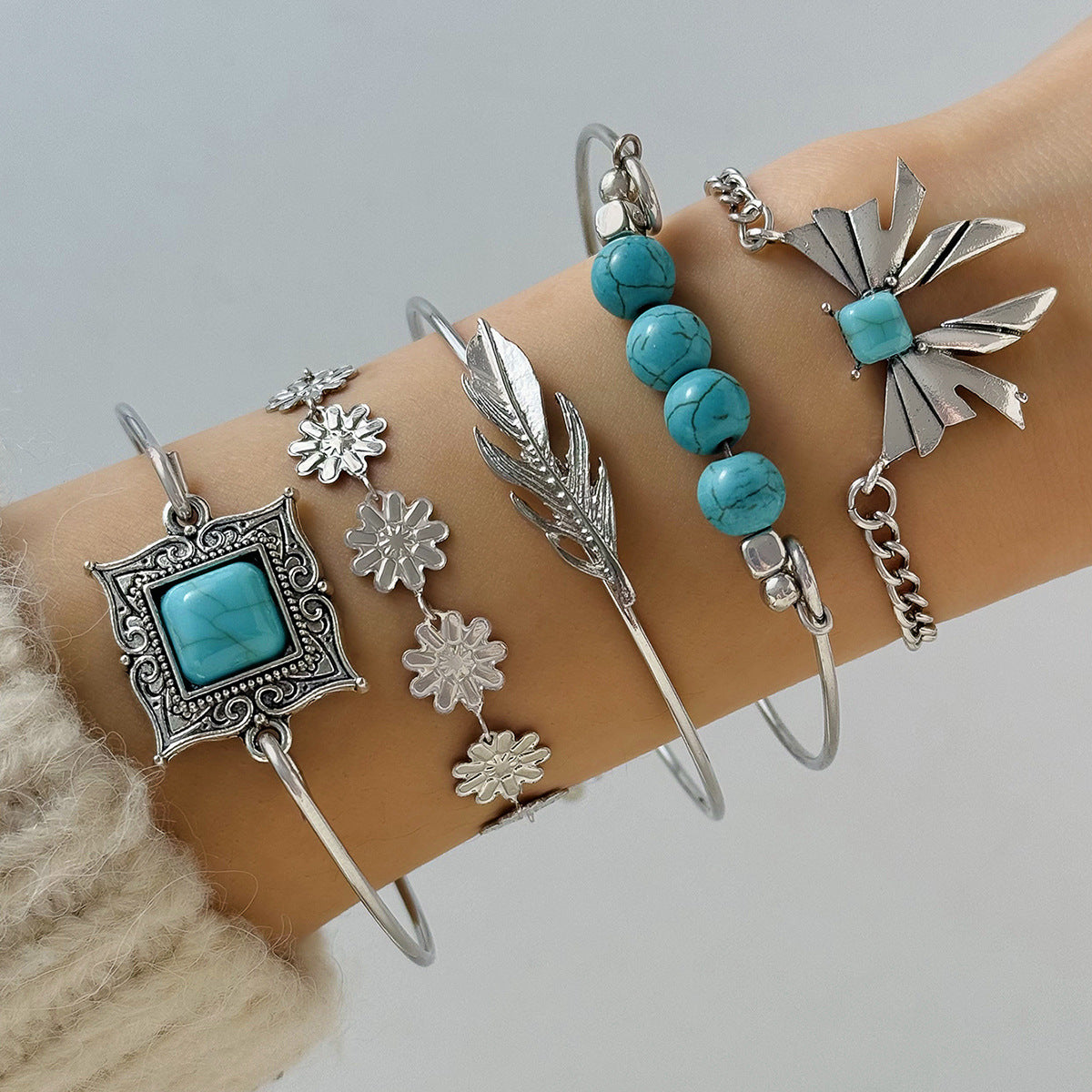 Bohemian Turquoise Leaf and Butterfly Bracelet Set – Ethnic Flower Jewelry