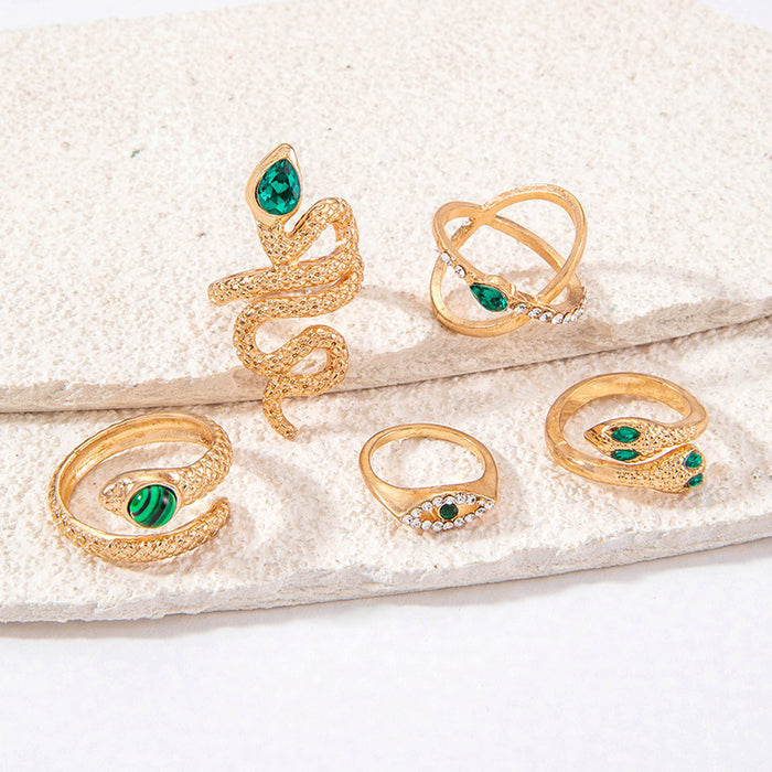 Punk Style Gemstone Snake Ring Set - 5pcs Exaggerated Eye Rings