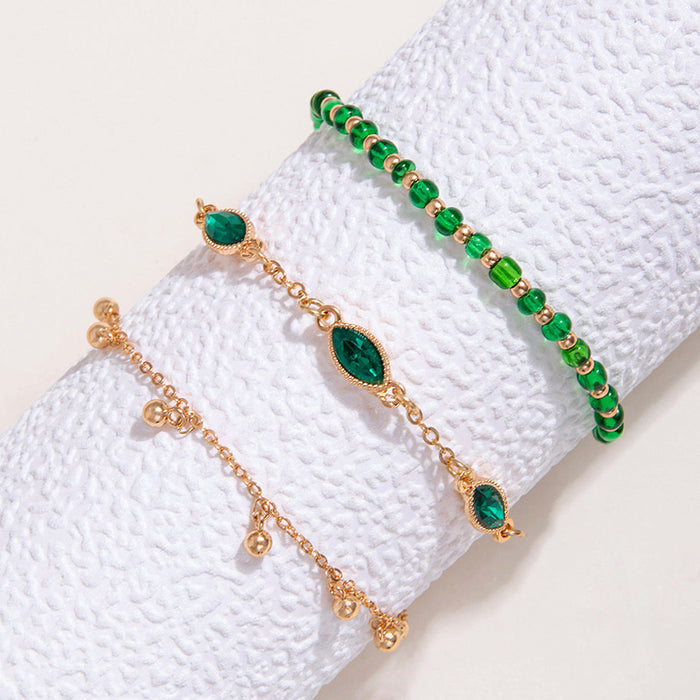 Green Gemstone and Tassel Beaded Anklet Set - Ethnic Style Layered Anklets