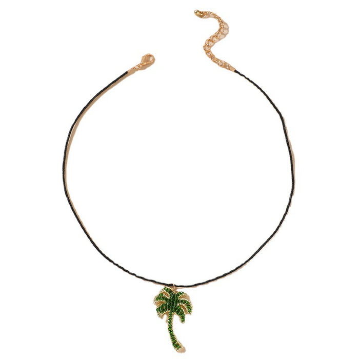 Green Diamond Coconut Tree Single Layer Necklace with Geometric Irregular Clavicle Chain