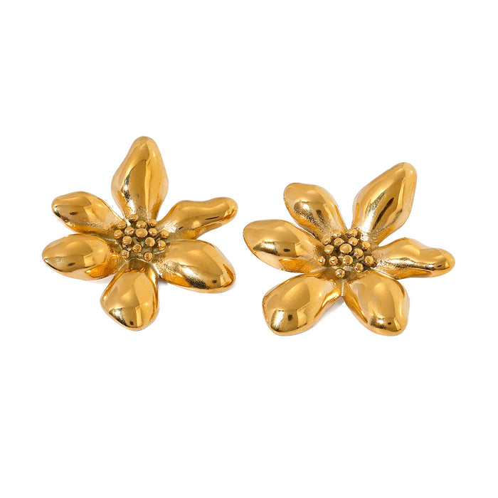 Pendientes de acero inoxidable con forma de flor irregular de seis pétalos: pendientes florales de acero de titanio y oro de 18 quilates