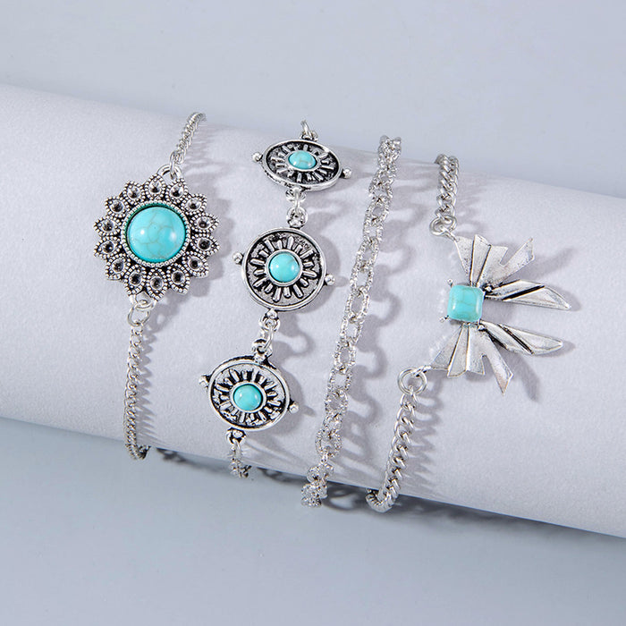 Conjunto exclusivo de pulseras con flores turquesas: joyería con colgante de mariposa retro