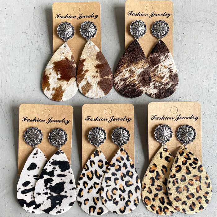 Animal Print Leather Earrings with Bohemian Long Hair and Pumpkin Flower Design