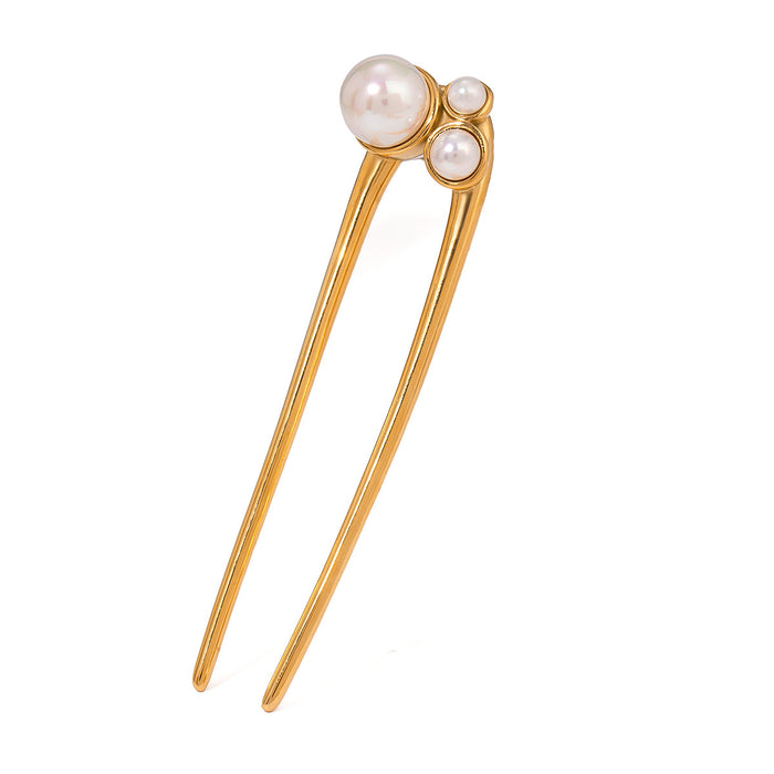 18k gold pearl hairpin, niche titanium steel headdress