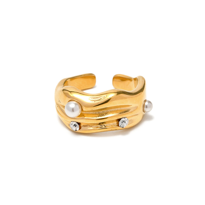 18K Gold Stainless Steel Hammered Texture Zircon Ring - European Style