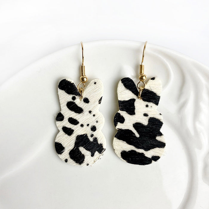 Easter Bunny Earrings with Faux Pearl Pendant, Leopard Print, and Gold Dots on Cowhide Leather