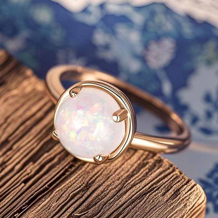 women's four-claw inlaid round imitation opal ring