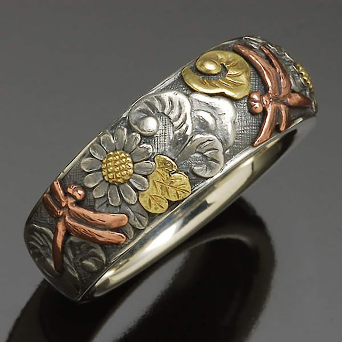 Vintage engraving dragonfly sunflower ring fashionable two-tone daisy ring