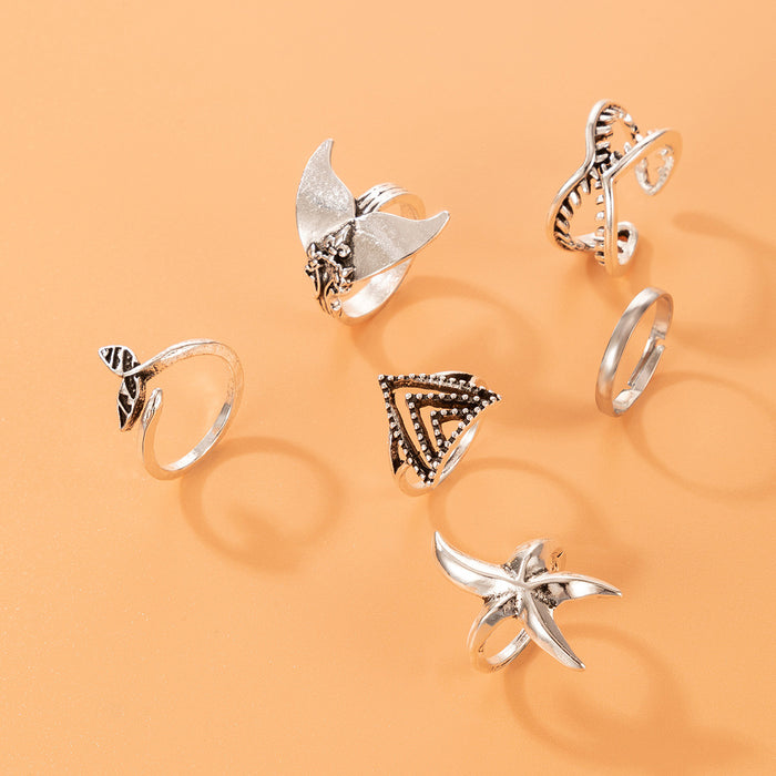 Ocean style starfish fishtail octopus multi-piece ring, geometric animal ring six-piece set